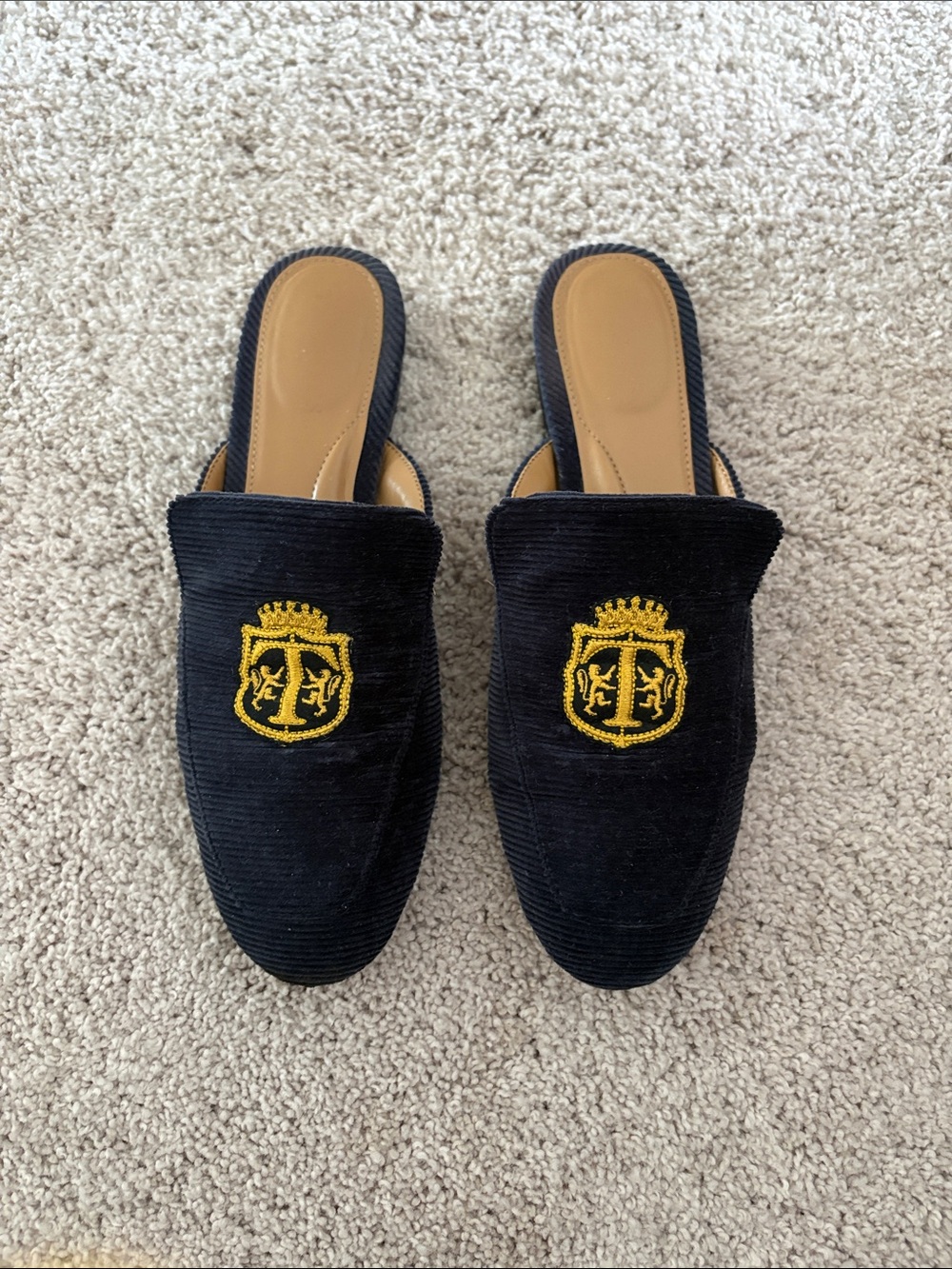 Talbots Black Corduroy Embroidered Crest Slip-On Flats